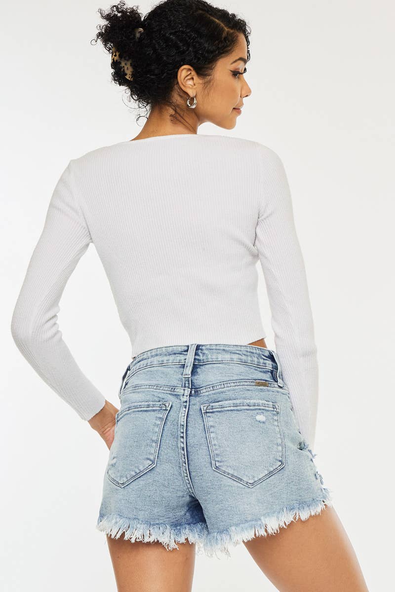 HIGH RISE FRAY HEM DENIM SHORTS