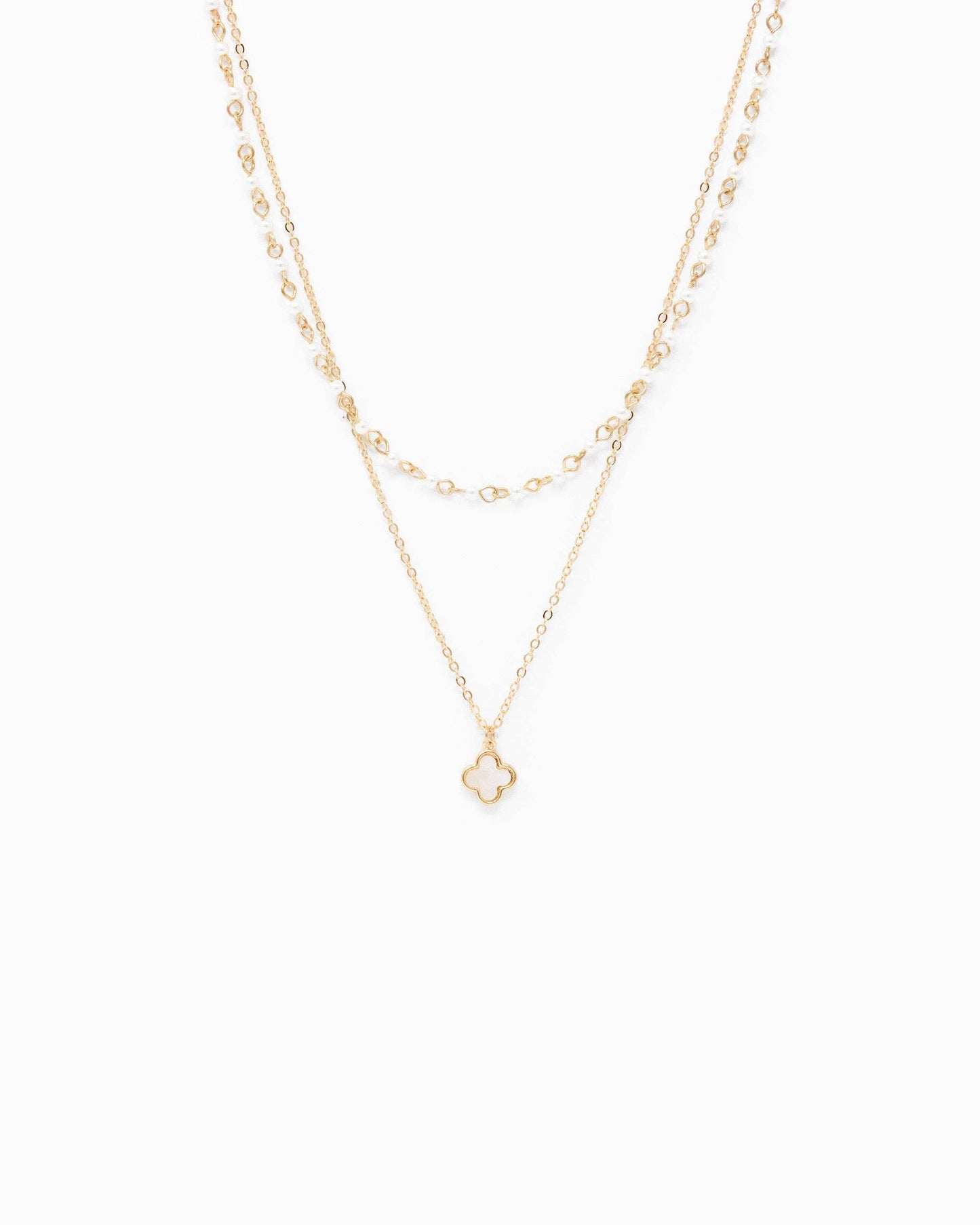 Double Layered Clover Necklace with Pearl Chain