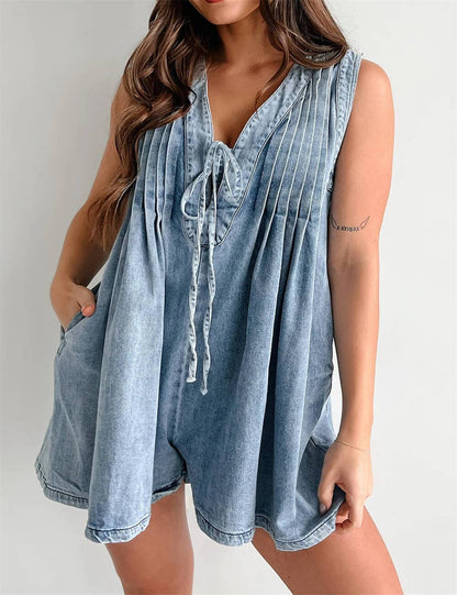 Ladies Tie Front V-Neck Sleeveless Denim Romper 9025