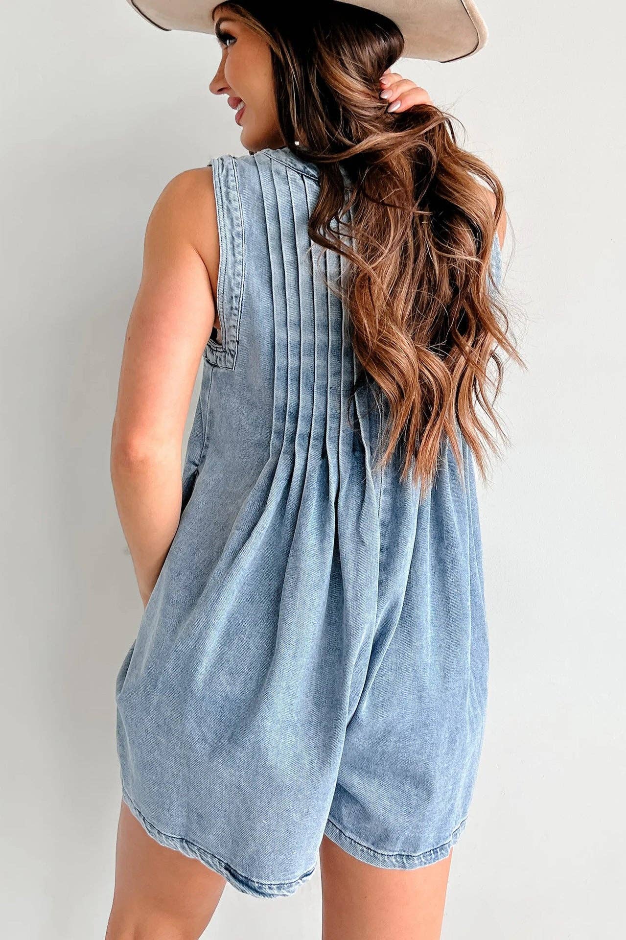 Ladies Tie Front V-Neck Sleeveless Denim Romper 9025