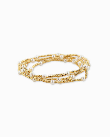 Gold Ball Beaded Pearl Accent Stretch Bracelets, Set of 5